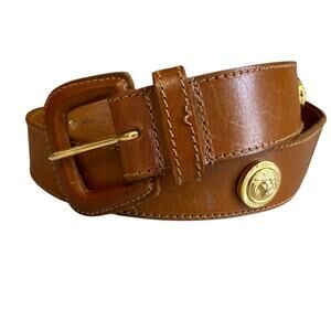 Vintage Anne Klein Gold Lion Medallion Studded Leather Belt Whiskey Tan